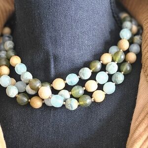 Cookie Lee Triple-Strand Aqua, Olive & Sand Bead Necklace